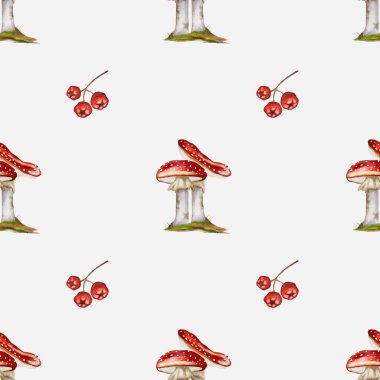 Narin sonbahar temalı suluboya deseni mantar ve dutların pürüzsüz bir şekilde tekrarlandığını gösteriyor. Kumaş ve ambalaj fikirleri için mükemmel..