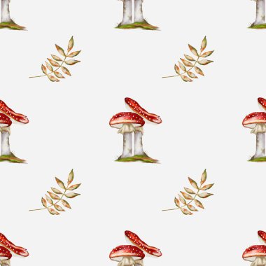 Renkli mantarlar ve narin yapraklar, sonbahar temalı suluboya desenleri oluşturuyor. Kumaş ve ambalaj için mükemmel..