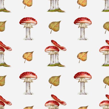 Renkli sonbahar deseni canlı mantarlar ve dökülen yapraklar sergiliyor, kumaş ve ambalaj kağıdı tasarımları için mükemmel..