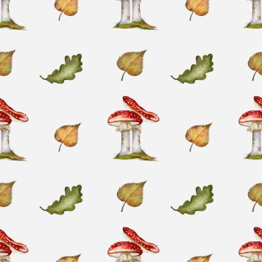 Canlı suluboya deseninde sonbahar yaprakları ve mantarlar bulunur. Kumaş, ambalaj kağıdı ve mevsimlik arka planlar için mükemmeldir..