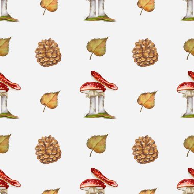 Bu sonbahar deseninde mantar, kozalak ve yaprakların suluboya çizimleri yer alıyor..