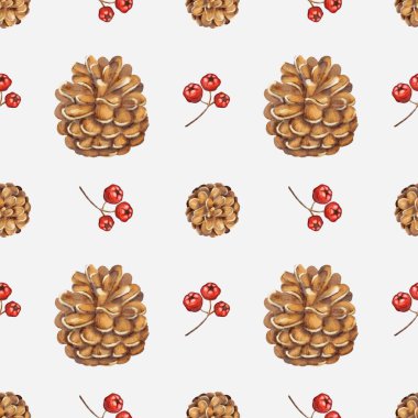 Bu büyüleyici suluboya desenleri ayrıntılı kozalakları ve parlak kırmızı böğürtlenleri sergiliyor. Kumaş ve ambalaj için mükemmel..