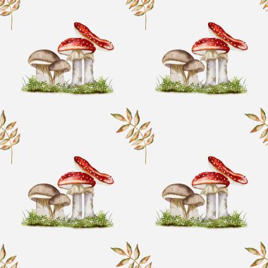 Bu pürüzsüz suluboya deseninde renkli mantarlar ve hassas sonbahar yaprakları bulunur. Tekstil ve ambalaj kağıtları için idealdir..