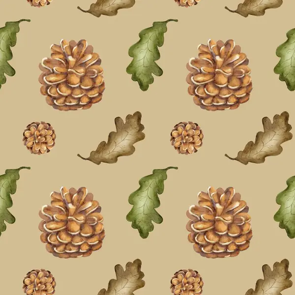 Bu tasarım, detaylı çam kozalakları ve canlı meşe yapraklarıyla canlı bir sonbahar deseni içerir, tekstil için mükemmeldir..