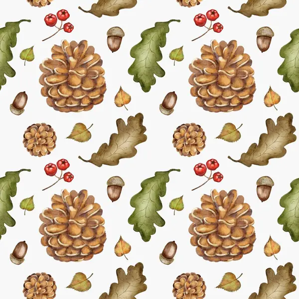 Bu tasarım, sonbahar temalı kumaşlar için mükemmel kozalaklı ve meşe yapraklı kusursuz bir suluboya deseni sergiliyor..