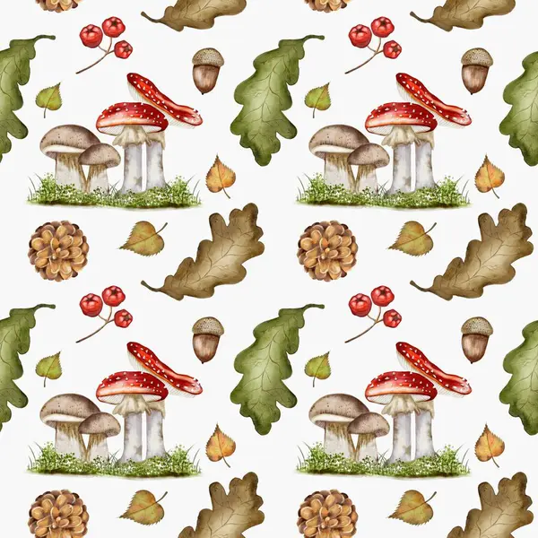 Canlı suluboya tasarımı. Mantar, meşe palamudu ve sonbahar yaprakları sergileniyor. Tekstil için mükemmel..