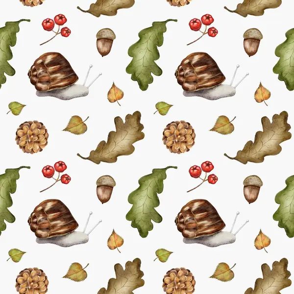 Bu canlı suluboya deseni, kumaş tasarımları için ideal olan yapraklar, salyangozlar, meşe palamutları ve meyveler gibi sonbahar elementlerini yakalar..