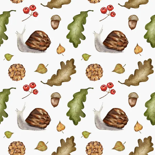 Salyangoz, yaprak ve meşe palamudu gibi canlı sonbahar elementleri tekstil kullanımı için büyüleyici bir dikişsiz suluboya deseni oluşturur..