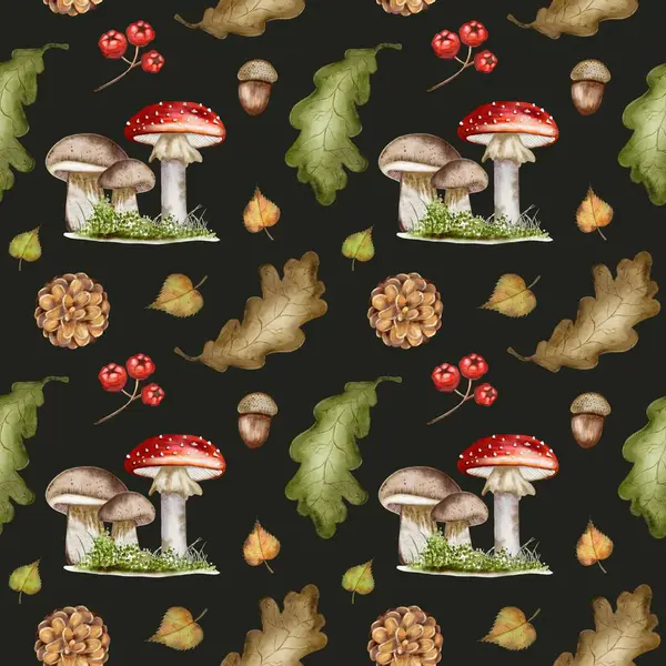 Bu kusursuz suluboya deseninde canlı sonbahar yaprakları, mantarlar ve meşe palamutları var. Tekstil ve ambalaj için mükemmel..