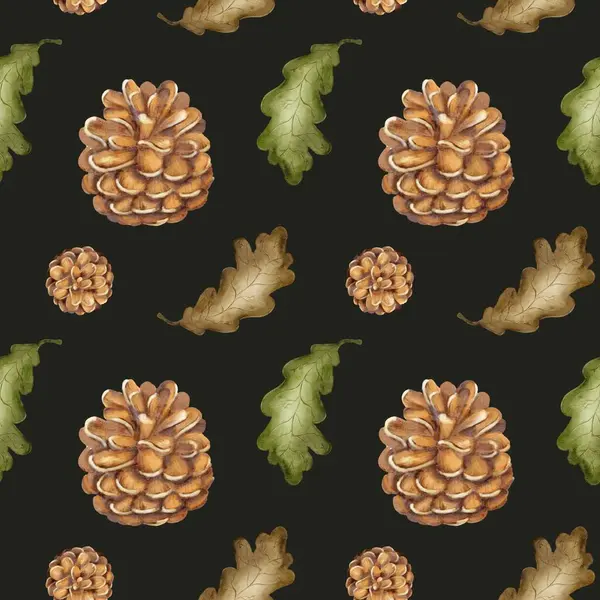 Bu dekoratif desen koyu arkaplan üzerinde ayrıntılı kozalak ve meşe yaprakları içerir, tekstil için idealdir..