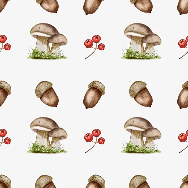 Bu tasarım sonbahar temalı projeler için ideal bir arka plan üzerinde mantarlar, meşe palamutları ve kırmızı böğürtlenleri içerir..