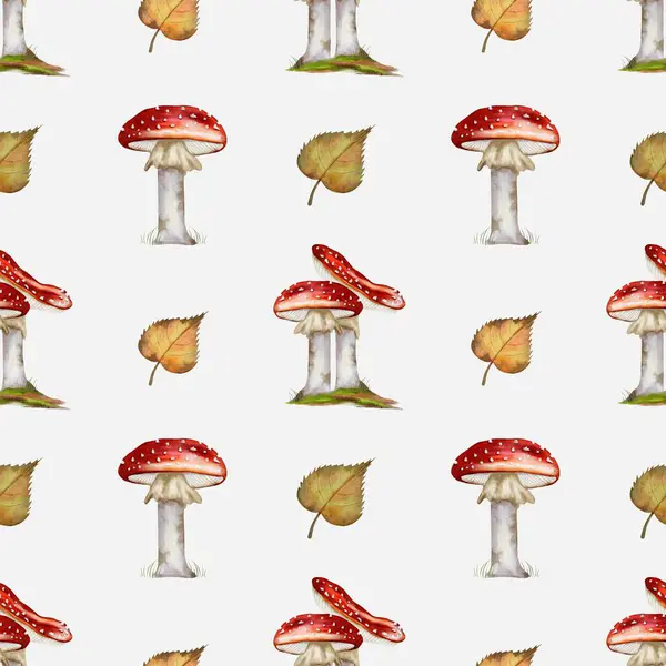 Renkli sonbahar deseni canlı mantarlar ve dökülen yapraklar sergiliyor, kumaş ve ambalaj kağıdı tasarımları için mükemmel..