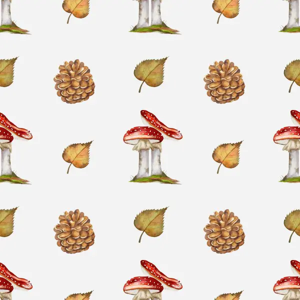 Bu sonbahar deseninde mantar, kozalak ve yaprakların suluboya çizimleri yer alıyor..