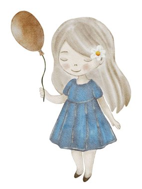 Yumuşak boyalı peri kız elinde bir balon tutuyor, büyüleyici bir suluboya stili sergiliyor tekstil ve ambalaj için mükemmel..