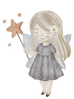 Gri elbiseli tuhaf bir peri, küçük yıldızlarla çevrili bir yıldız değneği tutuyor, tekstil ve ambalaj tasarımları için mükemmel..