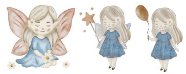 Suluboya çizimleri, neşeli bir şekilde çiçekler, yıldızlar ve balonlarla meşgul olan garip perileri tasvir eder..