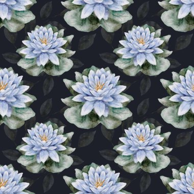 Kurbağalar ve yusufçuklar, kumaş için canlı suluboya desenleriyle betimlenmiş, dingin bir bataklıkta su zambakları arasında oynarlar..