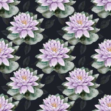 Suluboya deseninde, kumaş veya duvar kağıdı için mükemmel olan zambaklar arasında su zambakları arasında kurbağalar ve yusufçuklar bulunur..