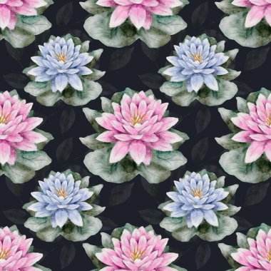 Kurbağalar, narin zambaklar ve yusufçuklar içeren renkli suluboya tasarımı her proje için canlı bir tekstil deseni oluşturur..