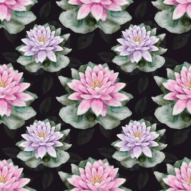 Renkli kurbağa ve yusufçuk motifleri zarif bir suluboya dizaynı ile zambakların etrafını sarar. Tekstil kullanımı ve ambalaj için mükemmeldir..