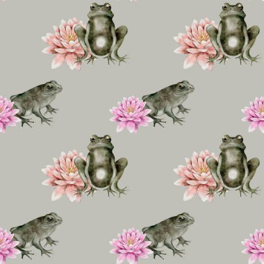 Kurbağalar ve pembe zambaklar, tekstil tasarımı ve duvar kağıdı için mükemmel, sakin bataklıkları anımsatan büyüleyici bir desen oluştururlar..