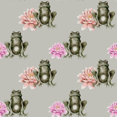 Kurbağalar, kumaş tasarımı için suluboya bir tarzda güzel gösterilmiş, gür bir bataklık ortamında pembe zambakların arasında otururlar..