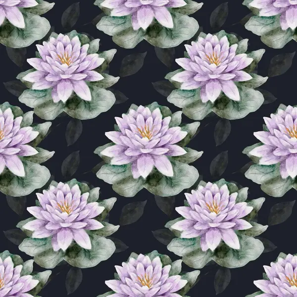 Suluboya deseninde, kumaş veya duvar kağıdı için mükemmel olan zambaklar arasında su zambakları arasında kurbağalar ve yusufçuklar bulunur..