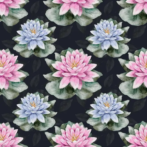 Kurbağalar, narin zambaklar ve yusufçuklar içeren renkli suluboya tasarımı her proje için canlı bir tekstil deseni oluşturur..