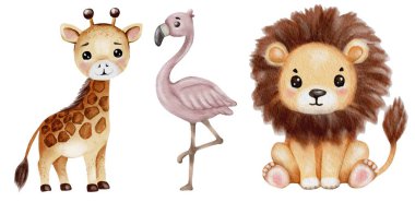 Bir zürafa, flamingo ve aslanın suluboya resimleri kumaş ve dekor için eğlenceli bir model oluşturur..