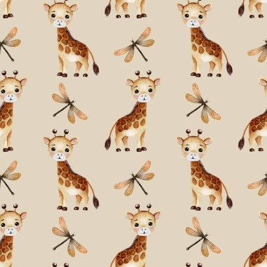 Bu kusursuz tasarım, arka planda sevimli zürafalar ve yusufçuklar barındırıyor, tekstil uygulamaları için mükemmel..