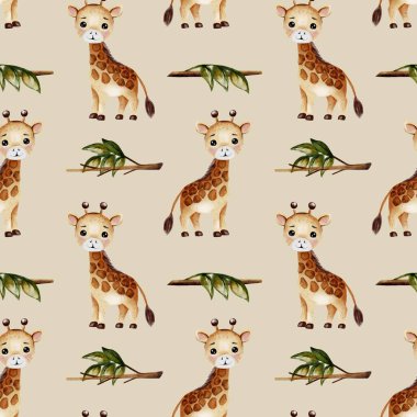 Suluboya desenli şakacı zürafalar tekstil ve ambalaj tasarımı için uygun büyüleyici bir zemin oluşturur.