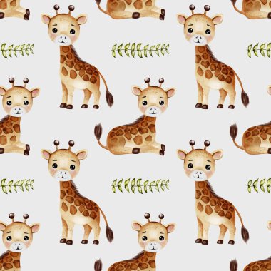 Şen şakrak suluboya desenli neşeli zürafa çizimleri hoş bir kumaş veya ambalaj kağıdı tasarımı oluşturur..