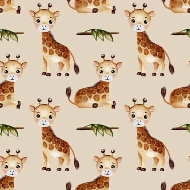 Şakacı suluboya tarzında büyüleyici zürafalar kumaş ve ambalaj projeleri için hoş bir şablon oluşturur.