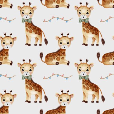 Nazik poz veren suluboya zürafalar büyüleyici bir desen oluşturur, tekstil ve dekoratif kağıt için mükemmeldir..