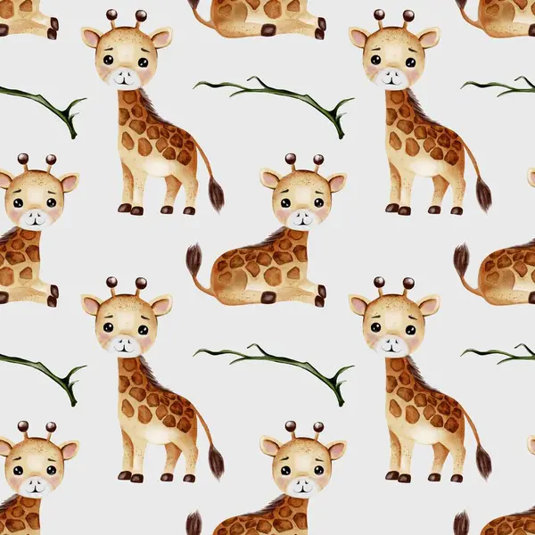 Oyuncu zürafalar, yapraklı aksanlı, tekstil ve ambalaj için mükemmel, kusursuz bir suluboya deseni süsler..