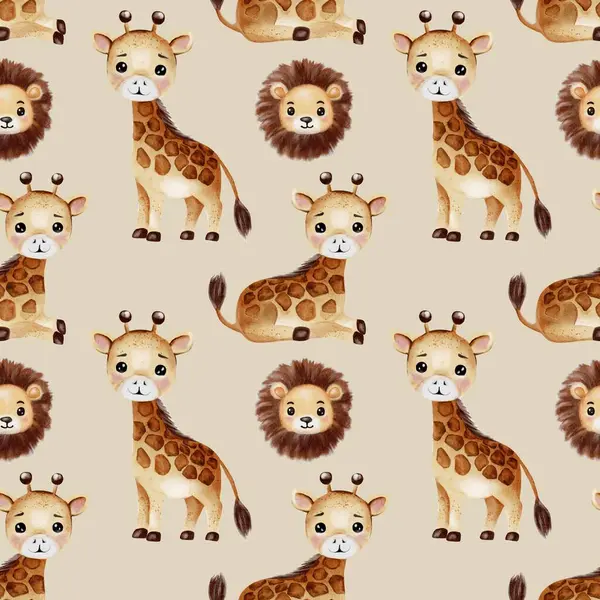 Suluboya zürafalar ve aslanlar, tekstil tasarımı ve dekoratif ambalaj için ideal, oynak, kusursuz bir desen oluştururlar..