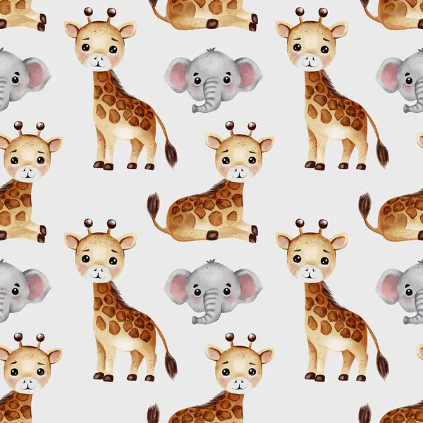 Neşeli suluboya tarzında zürafa ve fillerin yer aldığı tuhaf bir tasarım. Kumaş veya duvar kâğıdı için mükemmel..