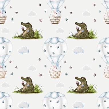 Garip tasarım, sıcak hava balonları ve bulutlarla çevrili bir timsah ve bir maymunun dondurma yemesini içeriyor..