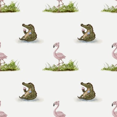 Garip timsah ve maymun çeşnili bir suluboya desenli, bereketli yeşilliklerle çevrili dondurmanın tadını çıkarırlar..