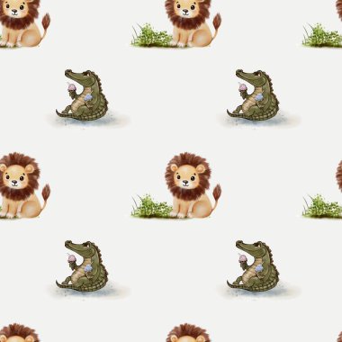 Büyüleyici tasarım, dondurmayı paylaşan bir timsah ve maymunu tekstil kullanımı için mükemmel arka planda sergiliyor..