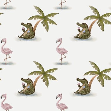 Oyuncu timsah palmiye ağaçlarının altında dondurma yerken pembe flamingo saatleri eğlenceli bir kumaş tasarımı yaratıyor..