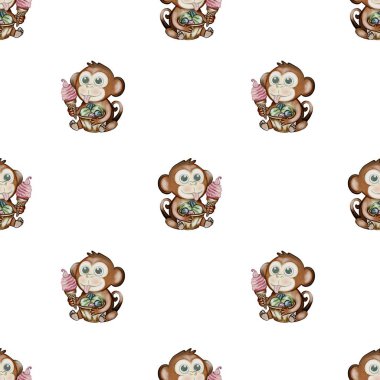 Parlak ve neşeli maymunun elinde leziz suluboya desenli bir dondurma külahı var. Kumaş ya da duvar kağıdı için mükemmel..