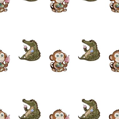 Timsah ve maymun bu tuhaf suluboya desenli dondurmayı tekstil tasarımları için mükemmel bir şekilde paylaşıyorlar..