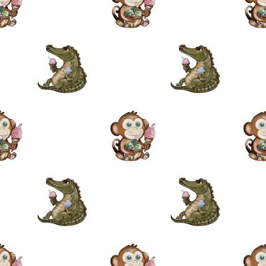 Timsah ve maymun dondurmayı tekstil ve kumaş baskıları için mükemmel suluboya tasarımında paylaşıyorlar..