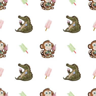 Bu neşeli tasarım, bir timsah ve maymunu neşeli suluboya desenli dondurmanın tadını çıkarıyor, tekstil için mükemmel..