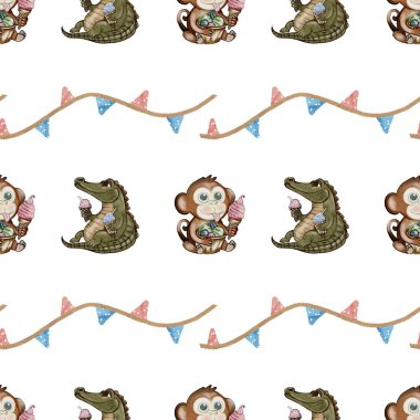 Dondurmalı oyuncu timsah ve maymun eğlenceli, pürüzsüz bir suluboya deseni yaratıyor, tekstil tasarımı için mükemmel..