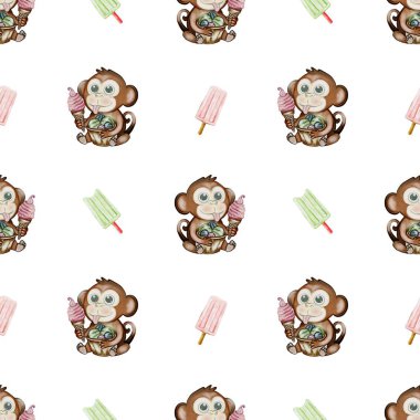 Beyaz bir arka planda renkli dondurmalardan hoşlanan bir timsah ve maymunu içeren oyuncu bir tasarım..