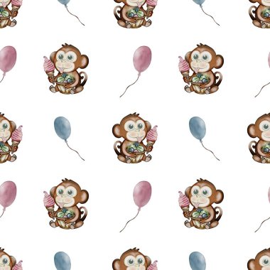 Kaprisli tasarım timsah ve maymunun renksiz balonlarla dondurmanın tadını çıkarmasını içeriyor..