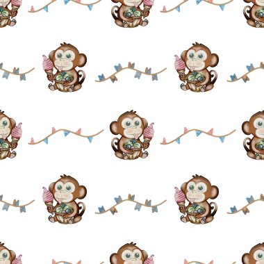 Timsah ve maymun dondurma külahlarını suluboya bir zemine karşı tutuyorlar. Tekstil desenleri için mükemmel..