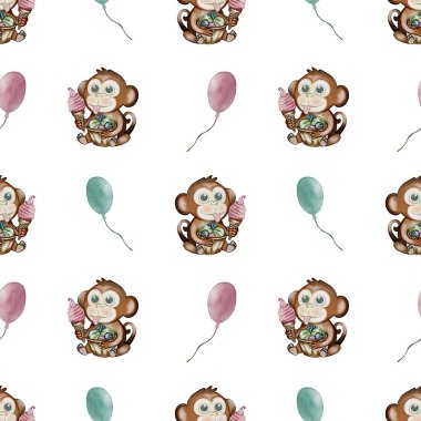 İllüzyonda balonlarla çevrili neşeli bir maymun ve neşeli desenli bir timsah dondurma tutuyor..